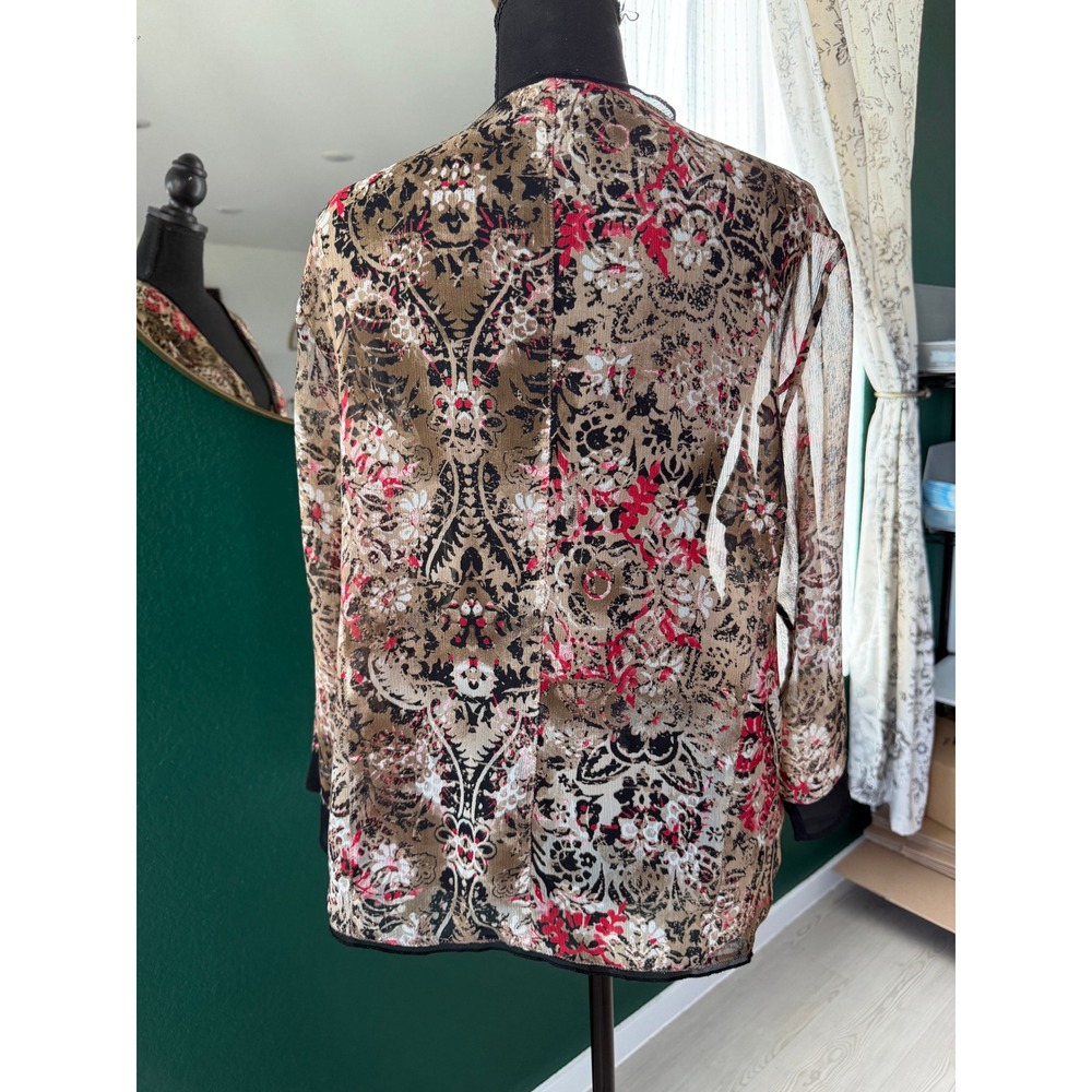 Chicos Red Black Paisley Floral Tie Front Sheer Cardigan Top Size 3 XL Office - Picture 3 of 7